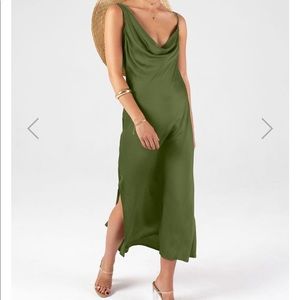 Asymmetrical green dress with cowl neck